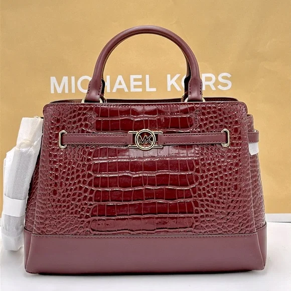 NWT MICHAEL MICHAEL KORS Reed
Large Croc-Embossed Leather Belted
Satchel Oxblood - Picture 2 of 16